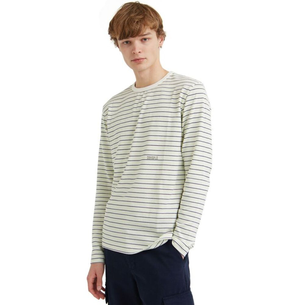 Wood Wood Mens Long Sleeve Viggo Stripe Tee Large Off White Stripe